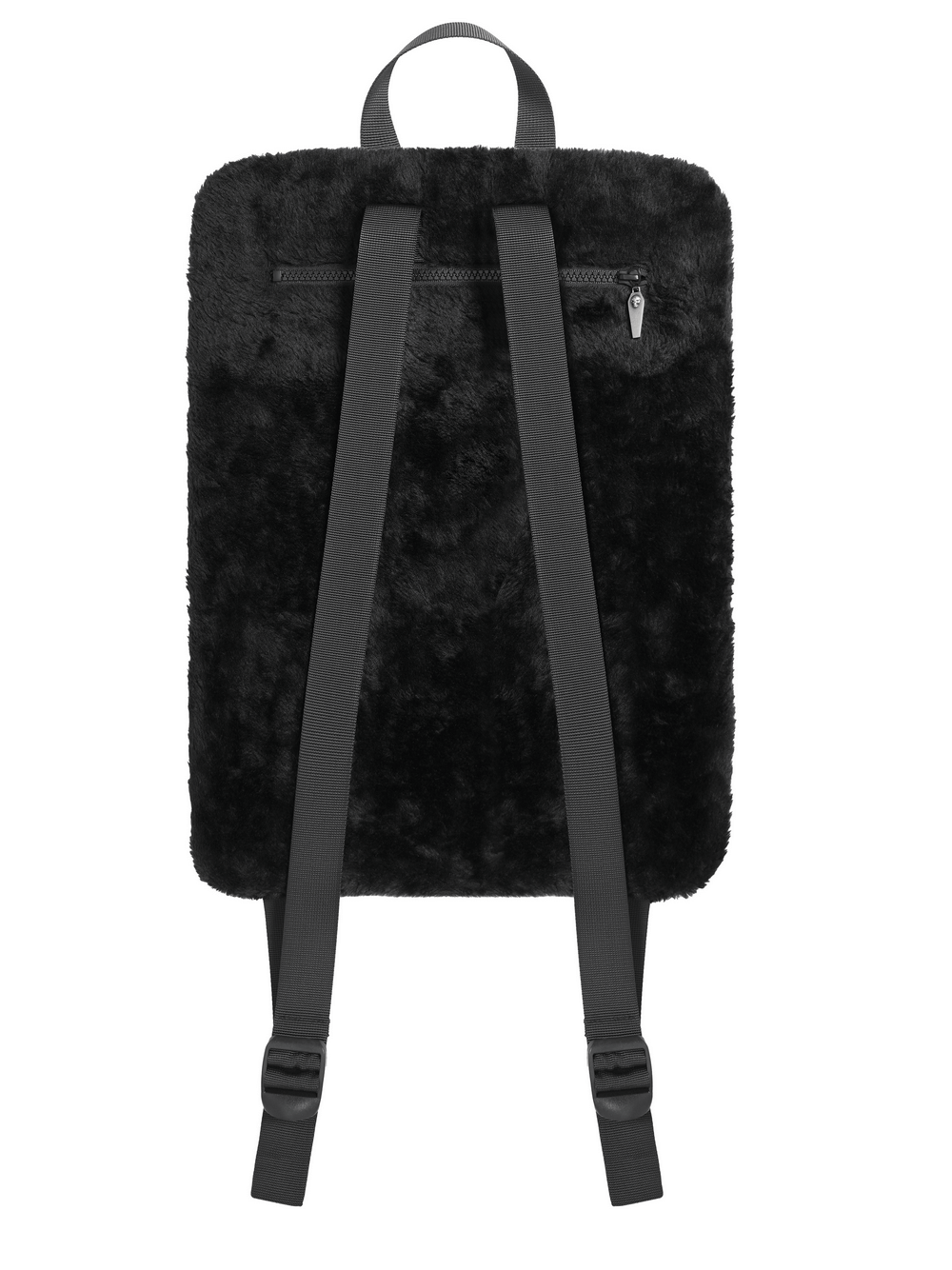 Gothic Demon Skull Backpack with Chains and Fur Trim, featuring a fuzzy black exterior.