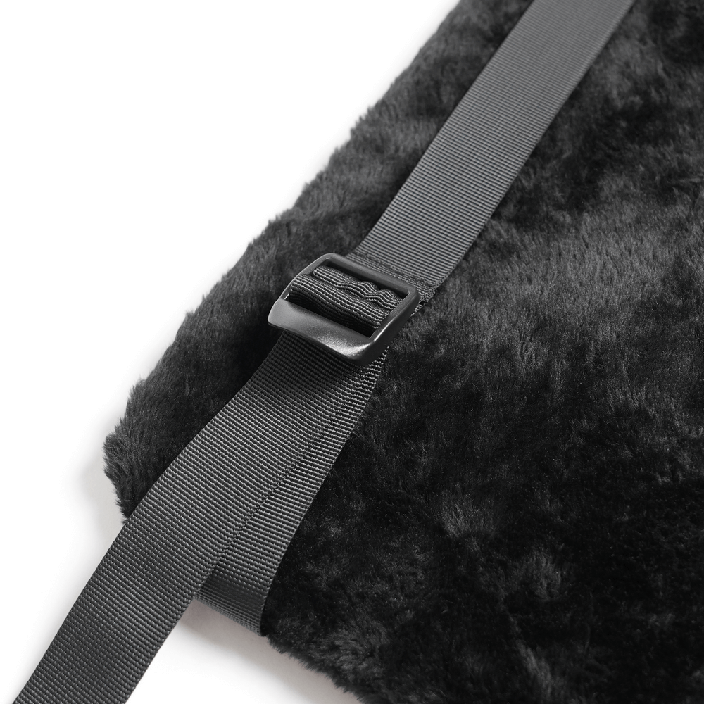 Close-up of the strap detail on the Gothic Demon Skull Backpack with Chains and Fur Trim.