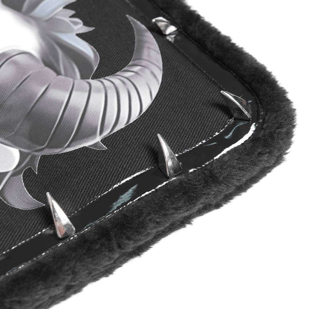 Gothic Demon Skull Backpack with Chains and Fur Trim featuring spikes and fur detail.