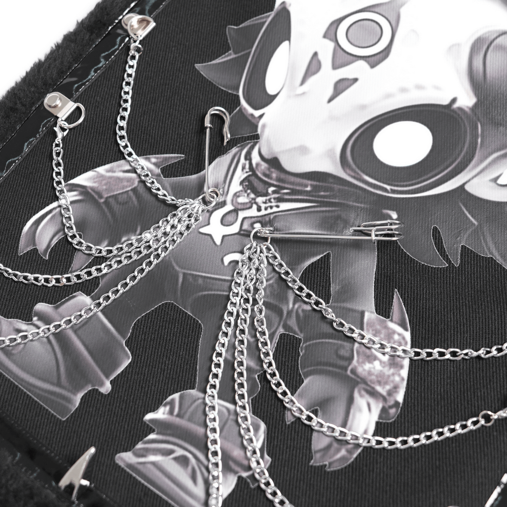 Gothic Demon Skull Backpack with Chains and Fur Trim featuring intricate chain details on a dark background.