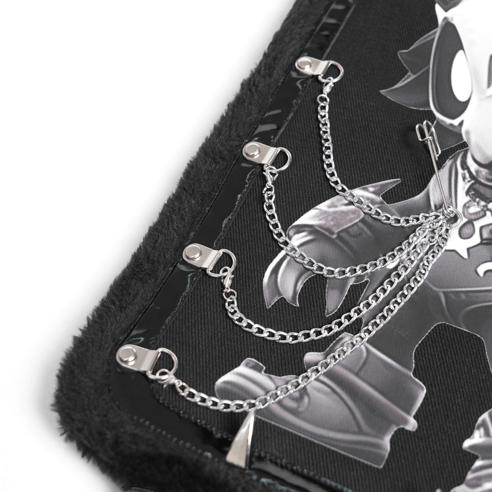 Gothic Demon Skull Backpack with Chains and Fur Trim featuring metallic chains and striking textures.