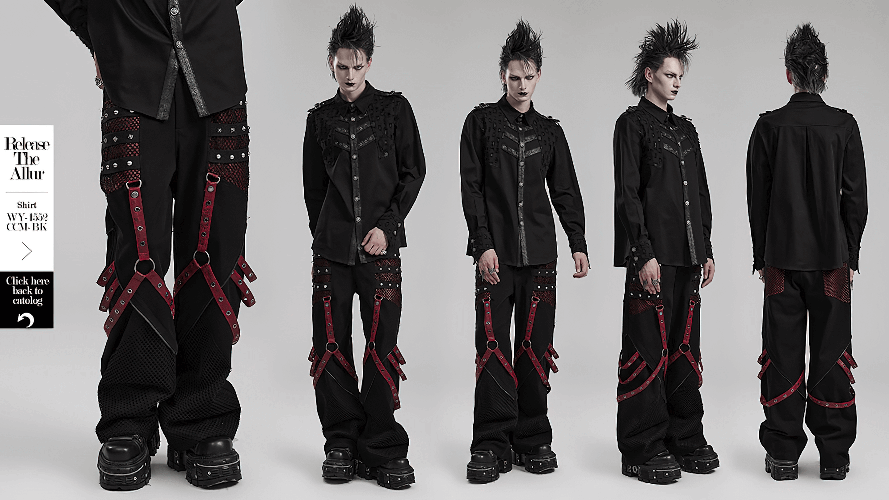 Gothic style wide-leg trousers with detachable straps and mesh panels for men, perfect for punk fashion.