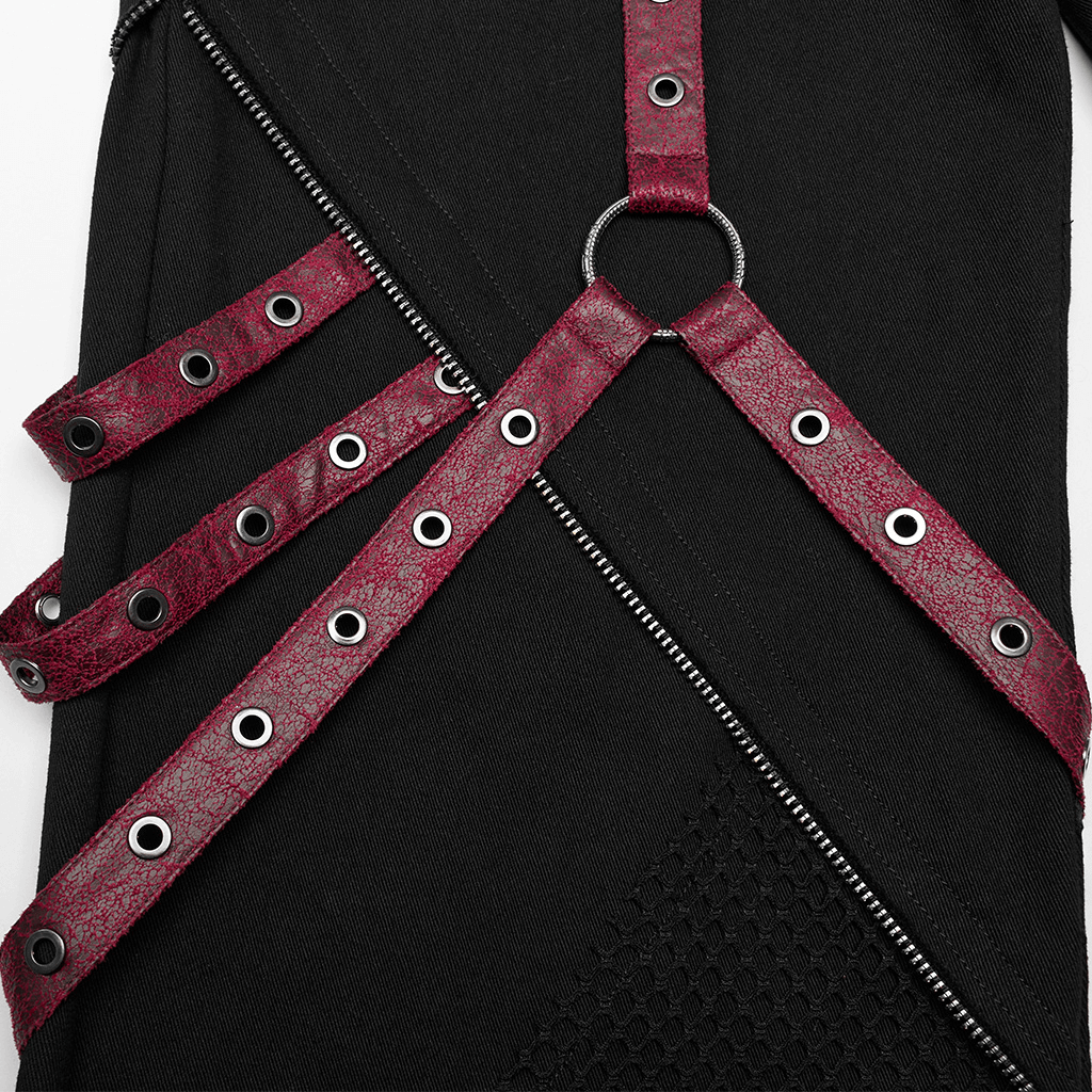 Close-up of Gothic detachable strap design on punk wide leg trousers, showcasing faux leather and metal rivets.
