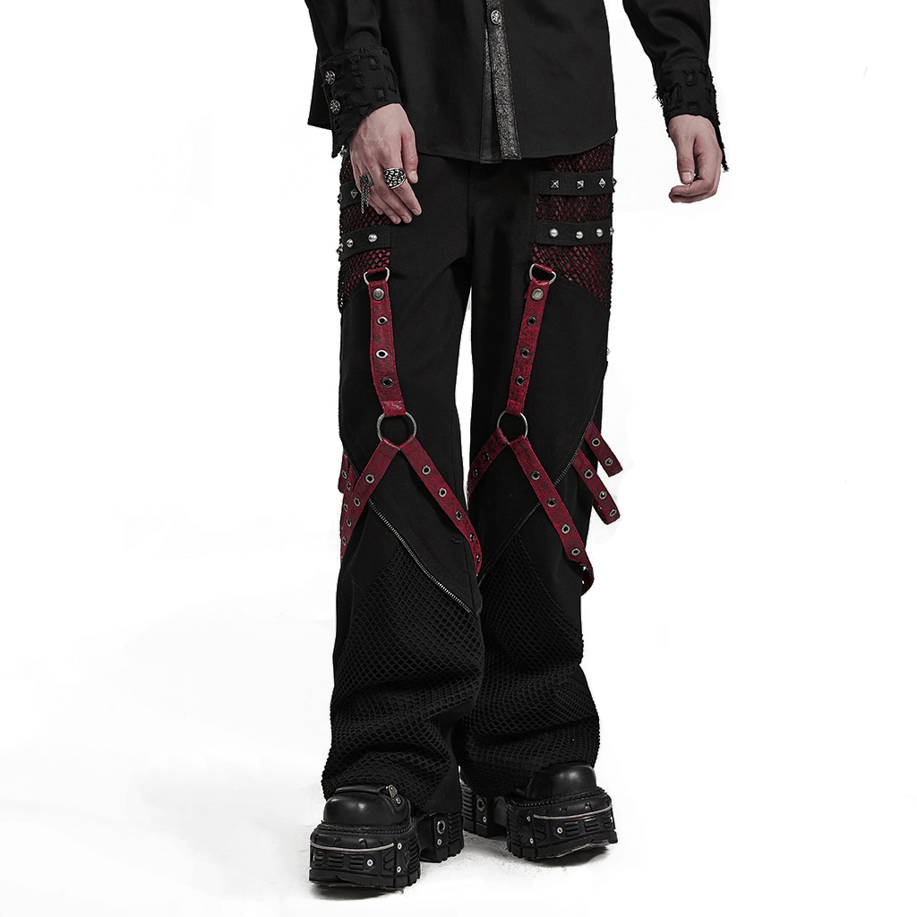 Gothic style detachable strap mesh panel trousers for men, featuring punk wide leg design and bold red accents.