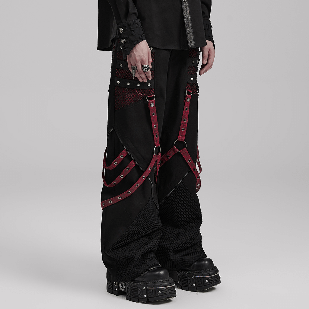 Men's Gothic detachable strap mesh panel trousers with punk wide leg and stylish rivet details.