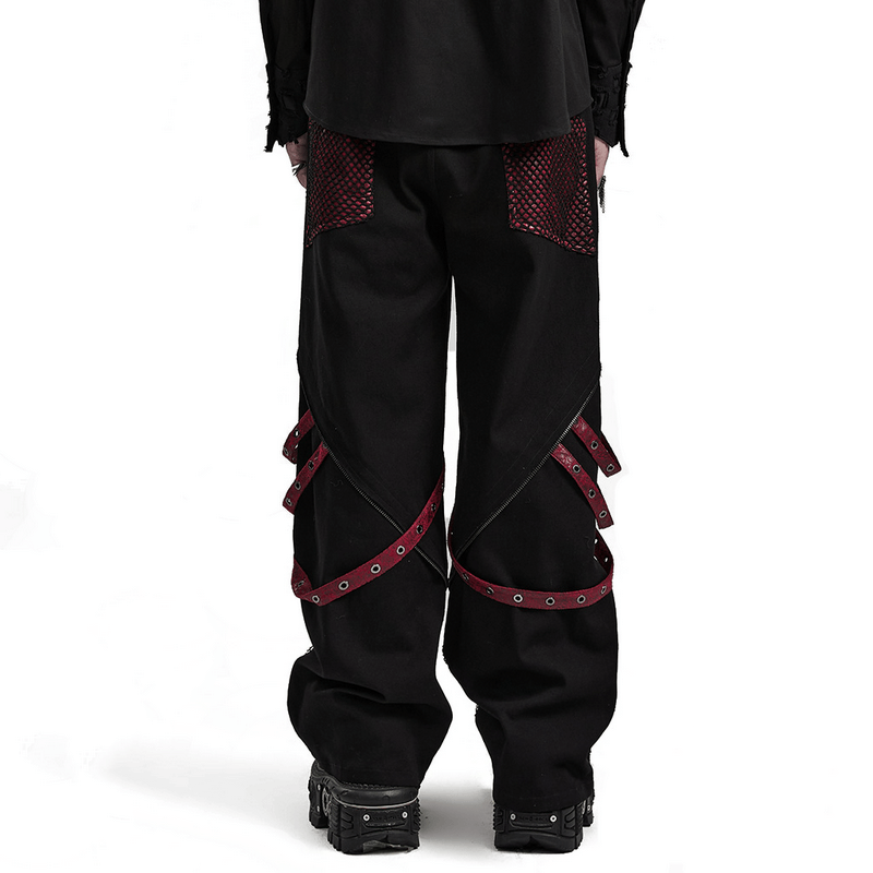 Gothic detachable strap mesh panel trousers for men featuring wide legs and punk style design.
