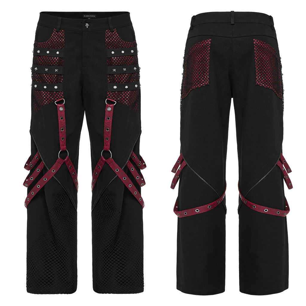 Gothic style wide leg trousers for men with detachable straps and mesh panels, featuring punk-inspired design elements.