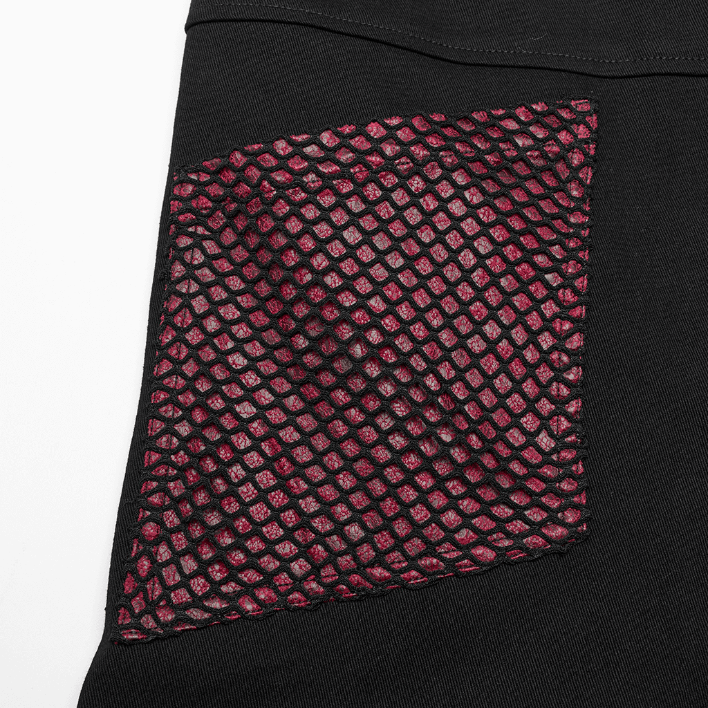 Close-up of Gothic trousers featuring red mesh panel for a punk style accent.