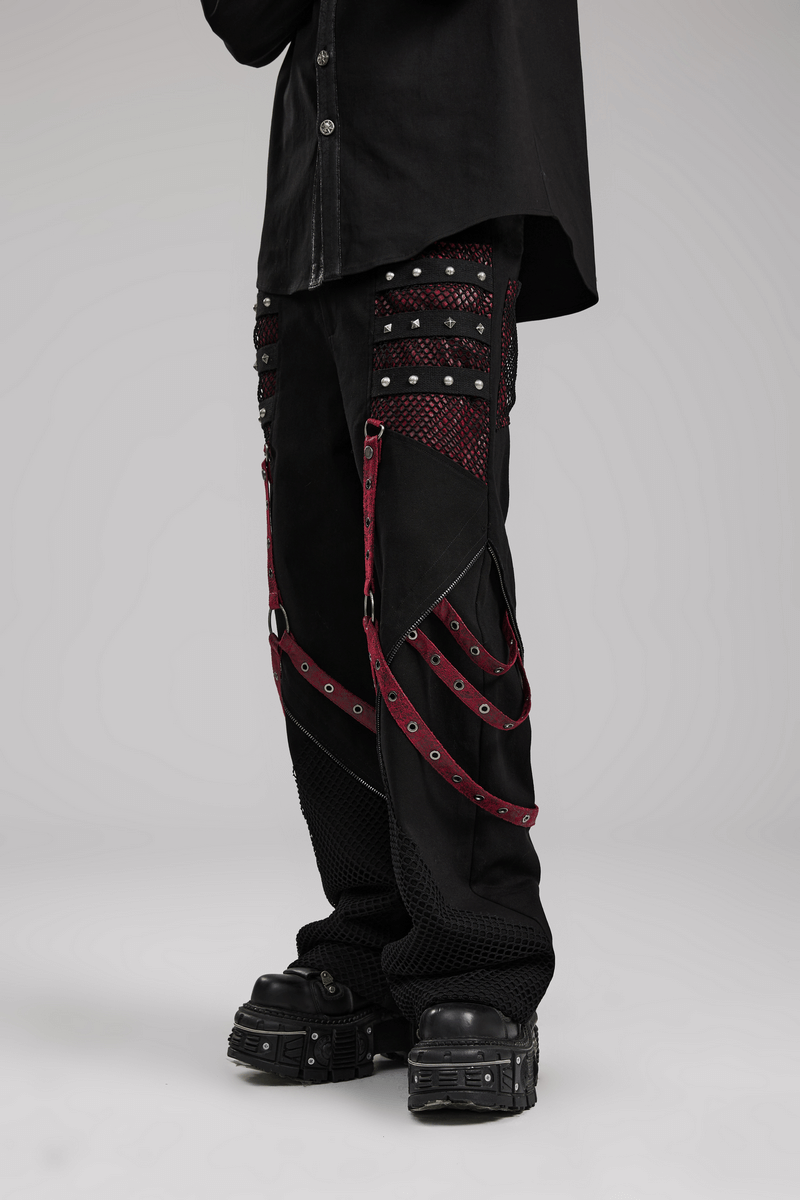 Gothic style men's trousers with detachable straps and mesh panels in punk wide leg design.