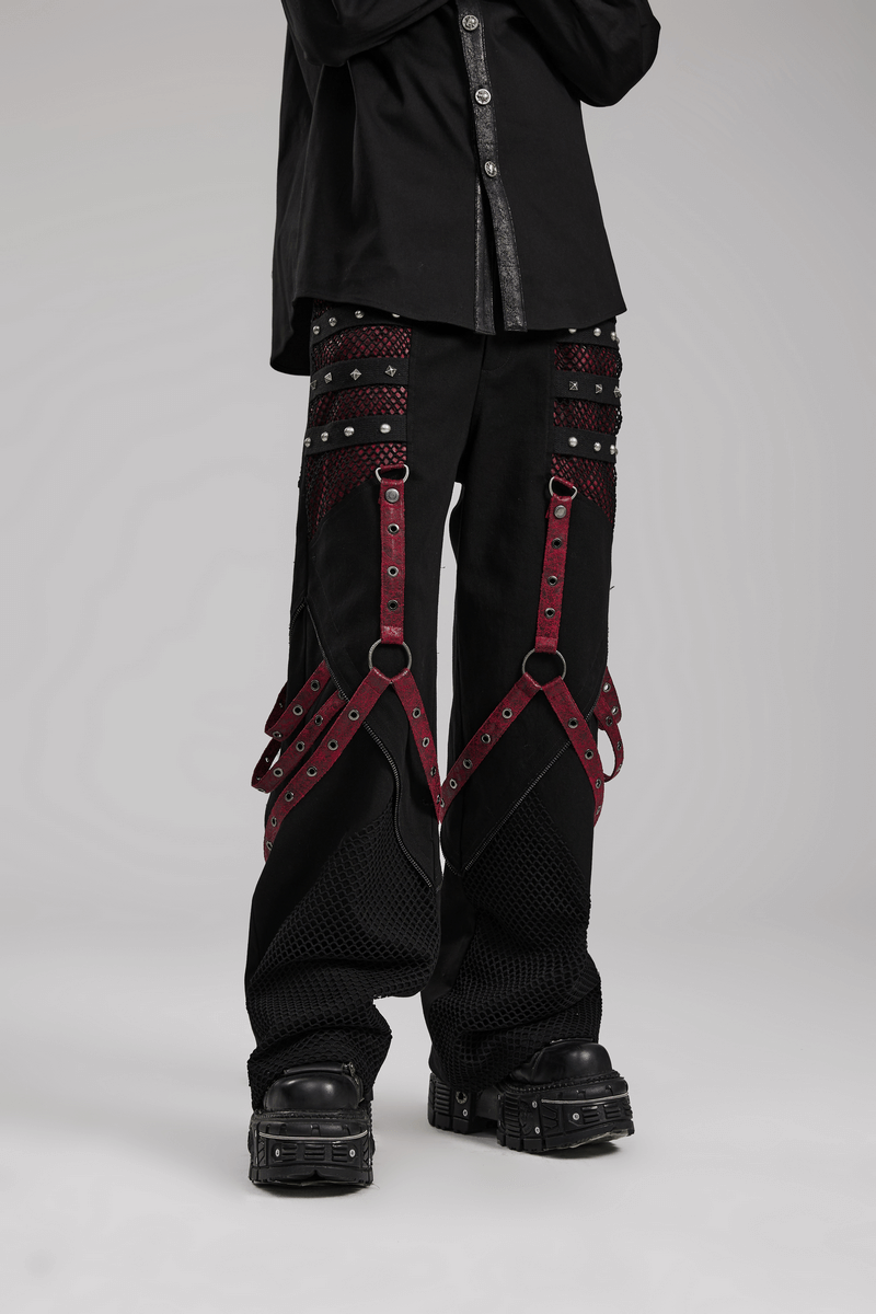 Gothic style men's trousers with detachable straps, mesh panels, and punk-inspired details.
