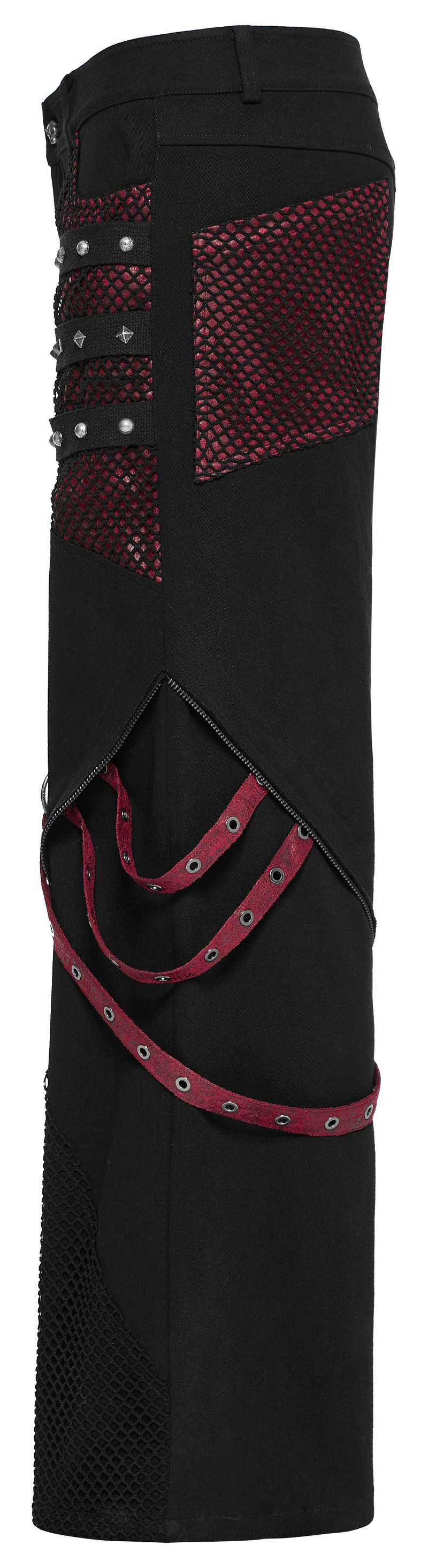 Gothic style wide leg trousers featuring detachable straps and mesh panels, perfect for punk fashion enthusiasts.