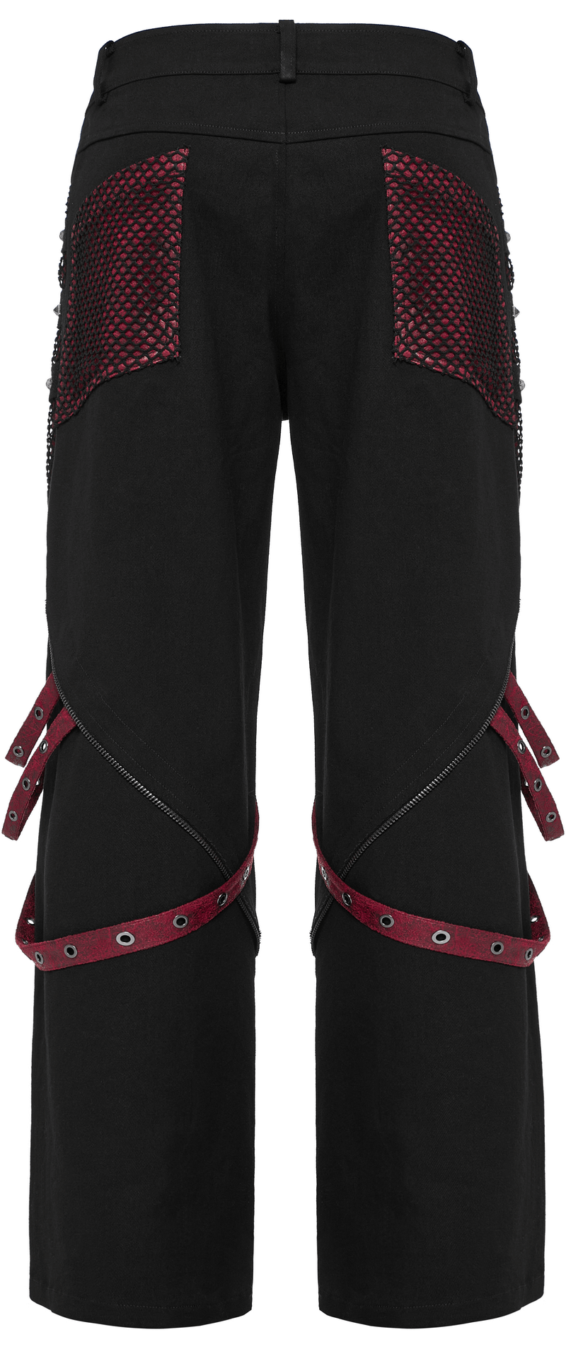 Gothic style wide leg trousers for men with detachable straps and mesh panels in black and red.