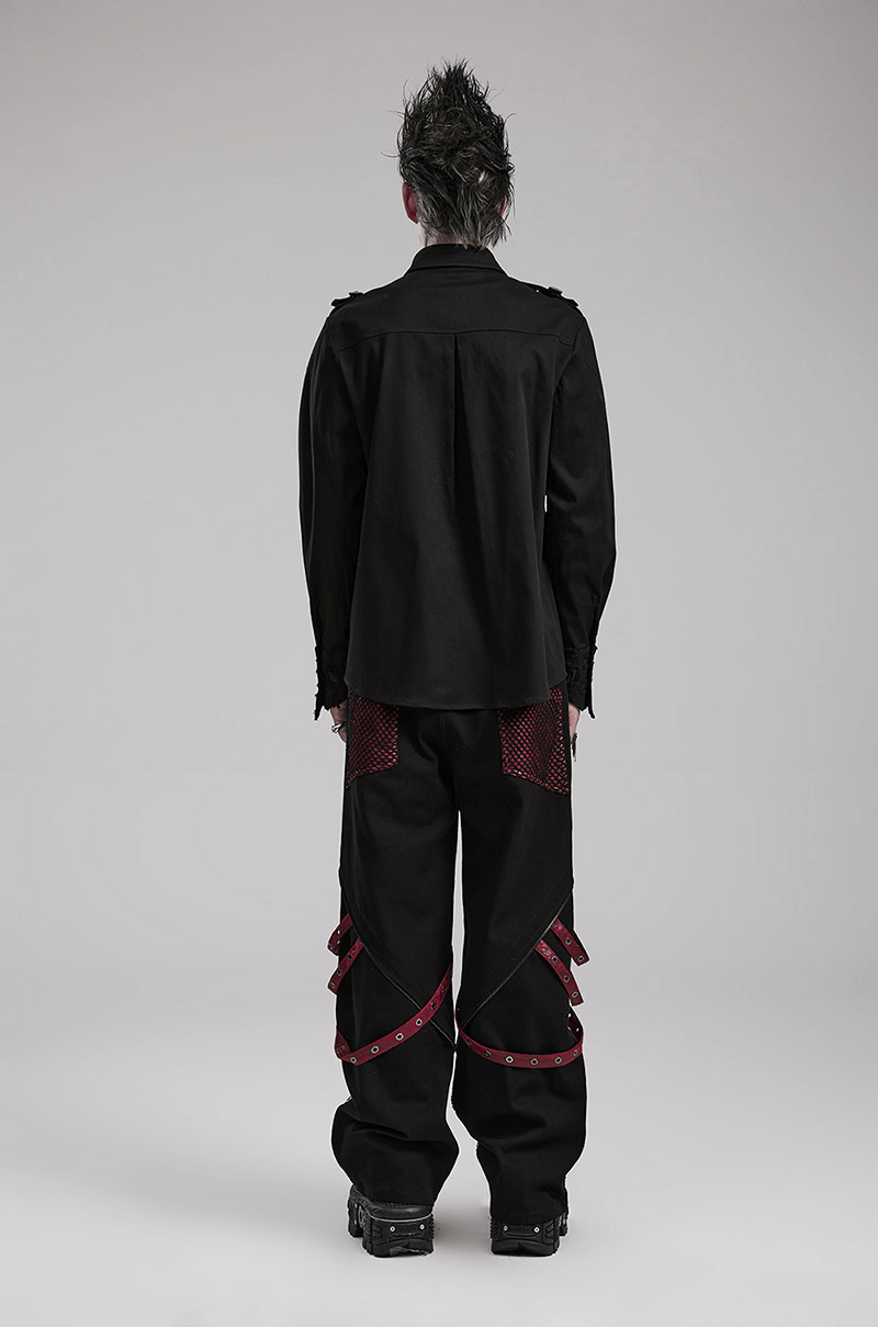 Back view of a model wearing Gothic detachable strap mesh panel trousers for men, perfect for edgy punk style.