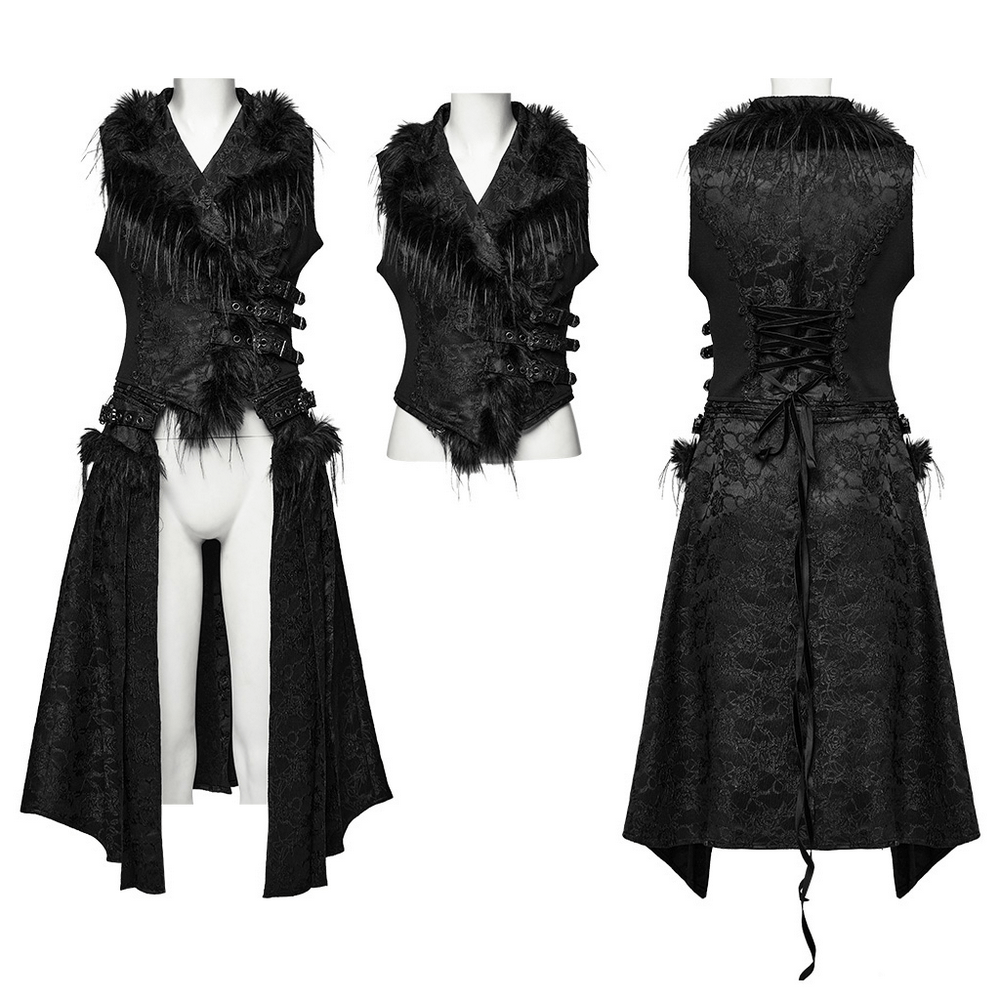 Gothic jacquard vest with fleece accents and detachable design, side view and back view shown. Elegant and versatile goth fashion.