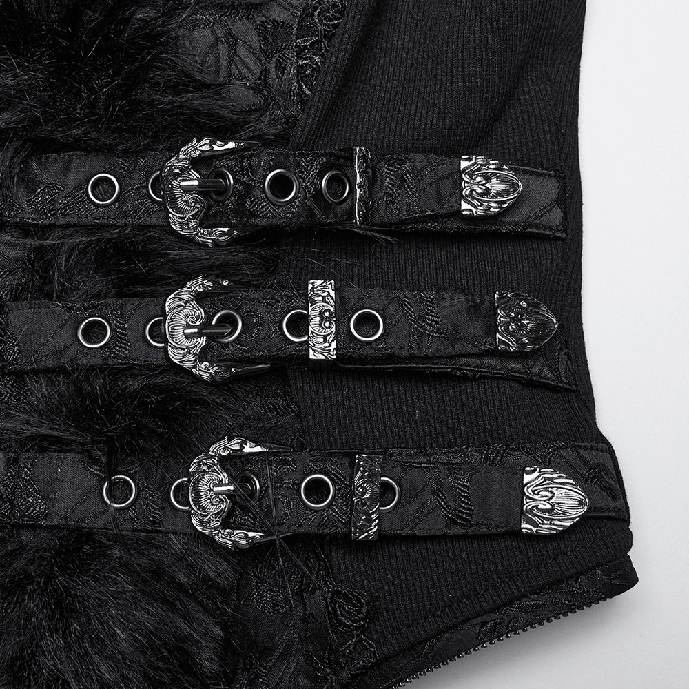 Close-up of Gothic detachable jacquard vest with stylish buckles and textured fleece accents.