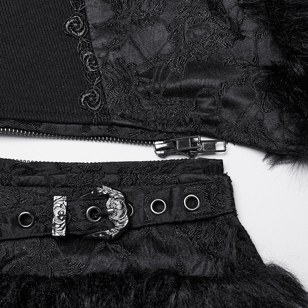 Gothic detachable jacquard vest close-up showing intricate fleece accents, textured fabric, and elegant buckle detailing.