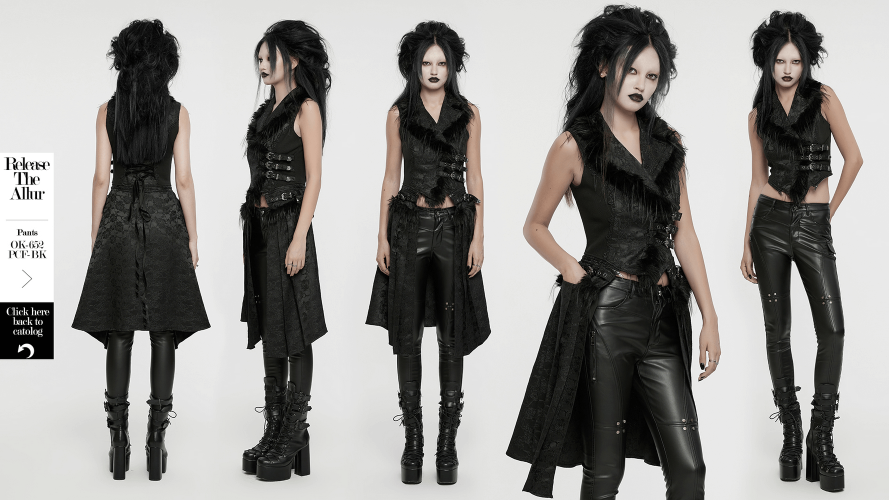 Gothic detachable jacquard vest with fleece accents styled with leather pants, showcasing versatile dark fashion.