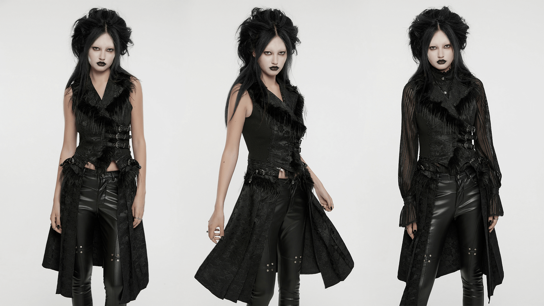 Model wearing Gothic detachable jacquard vest with fleece accents, showcasing three versatile styling options.