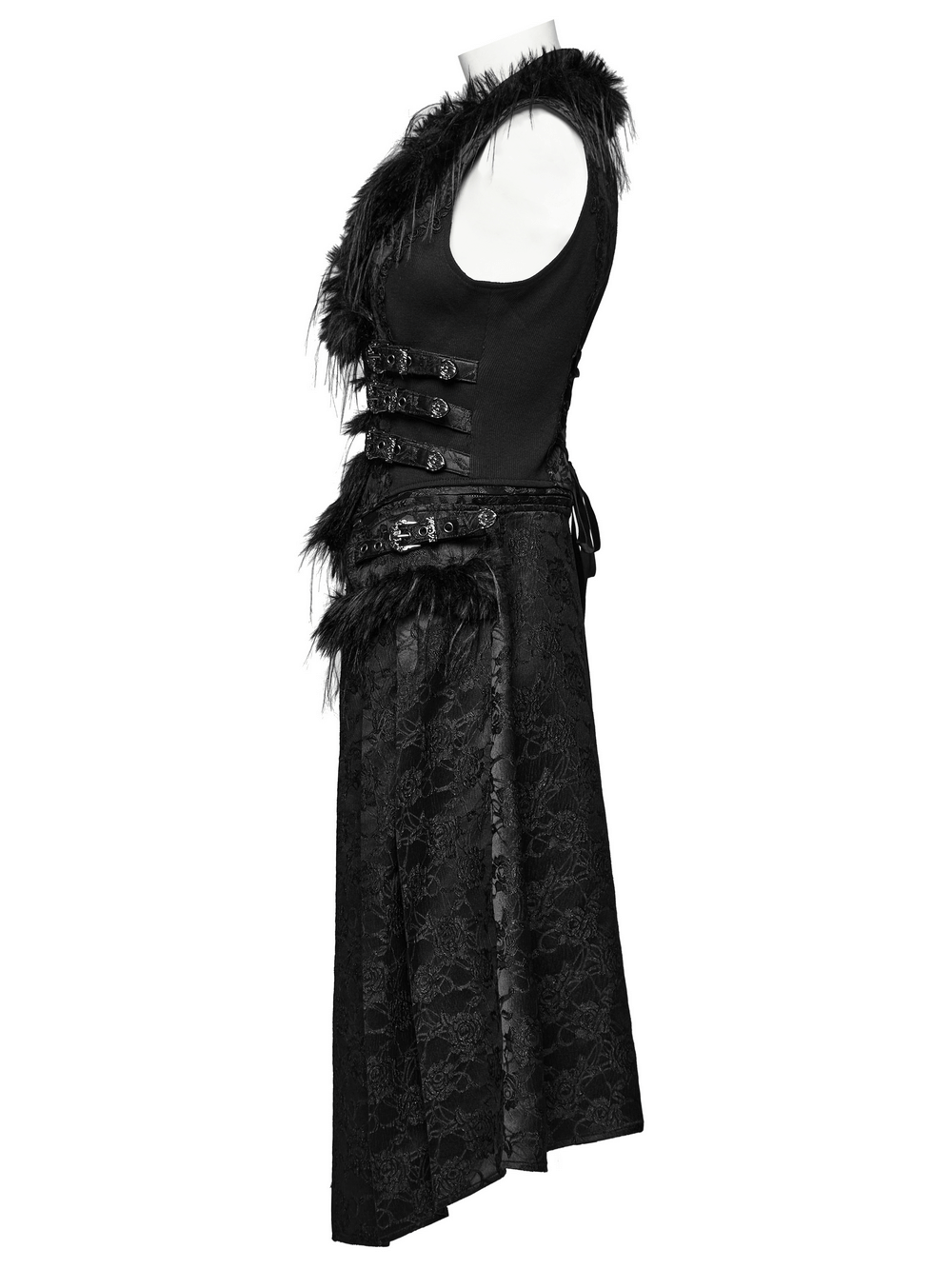 Gothic jacquard vest with fleece accents and adjustable drawstring, showcasing an elegant detachable design with textured details.