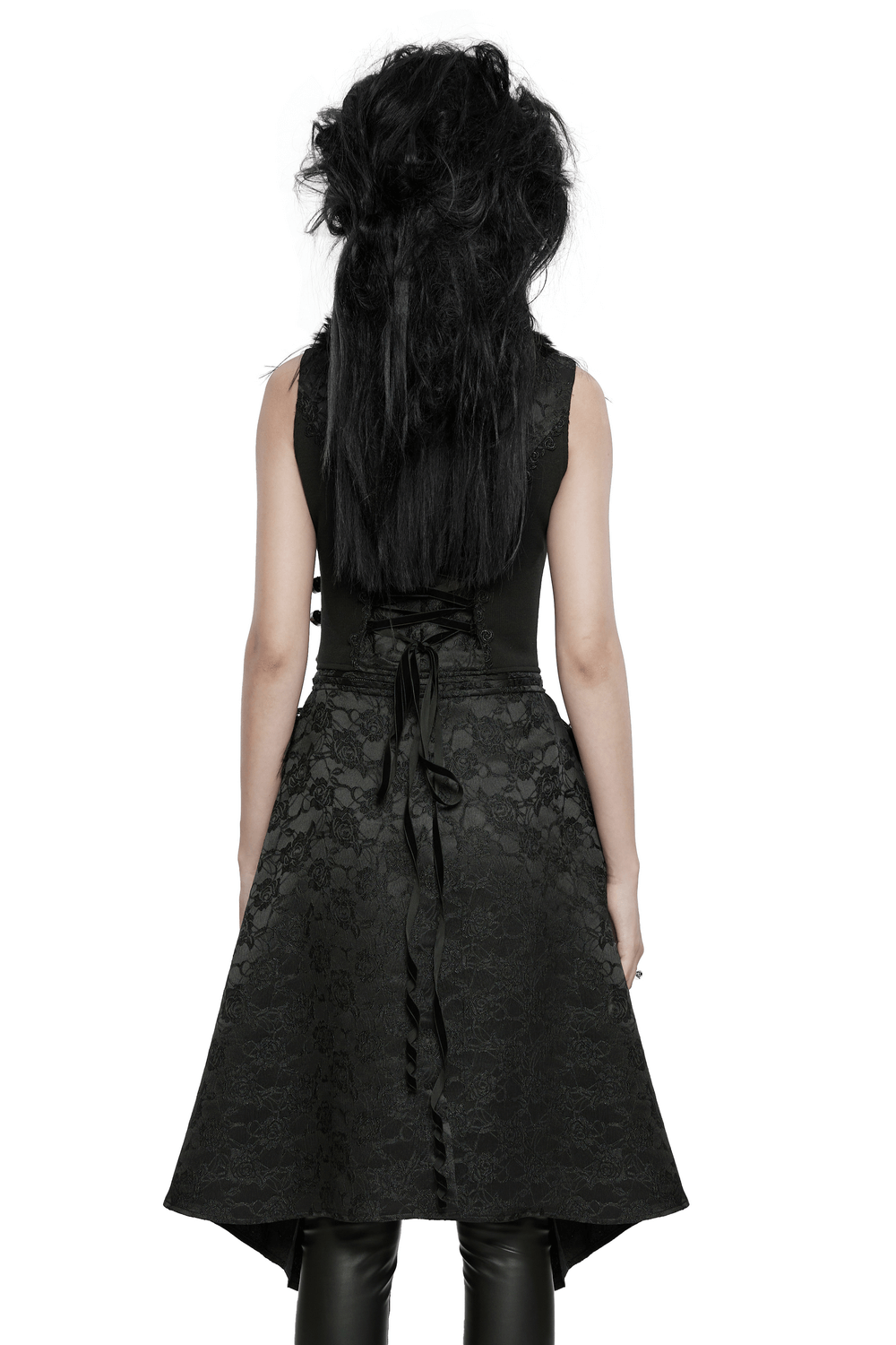 Gothic detachable jacquard vest with fleece accents, back view.