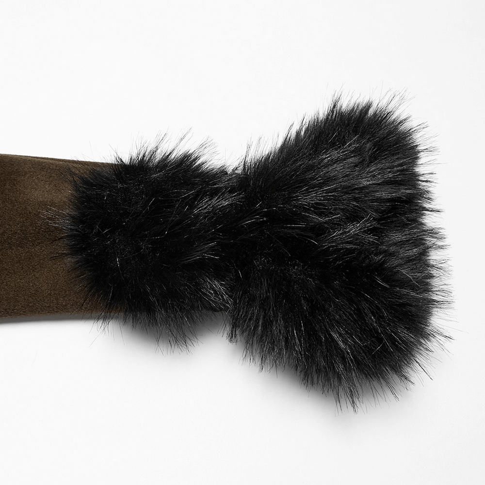 Close-up of a luxurious black fur collar on a woolen coat, showcasing its soft texture and gothic design.