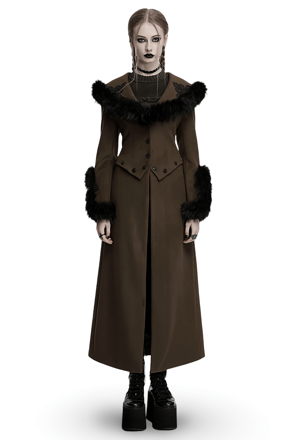 Gothic detachable two-piece woolen coat with luxurious fur collar and vintage details, perfect for a dramatic style.