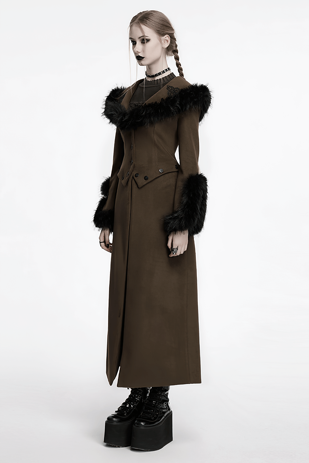 Gothic detachable two-piece woolen coat with fur collar, featuring intricate cuffs and vintage style.