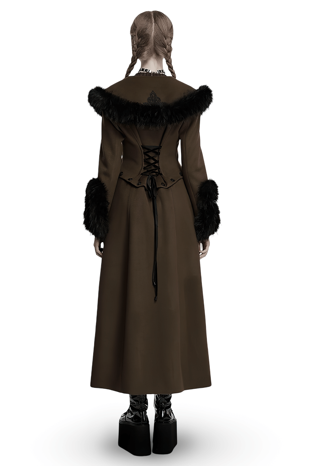 Back view of a gothic detachable two-piece woolen coat with luxurious fur collar and lace-up detailing.