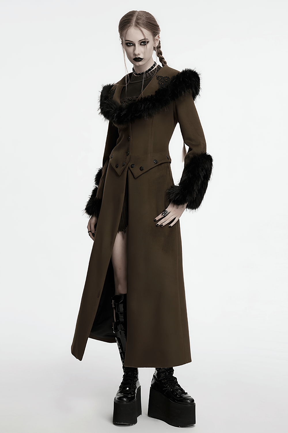Elegant gothic detachable wool coat with fur collar and U-shaped cuffs, styled for a chic retro look.