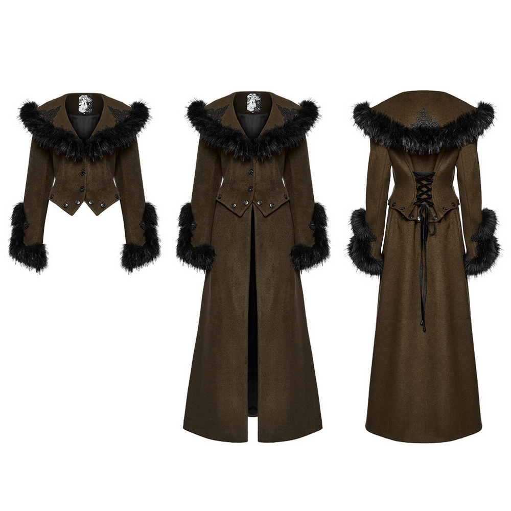 Gothic detachable two-piece woolen coat with fur collar and vintage buckle details, showcasing front and back views.