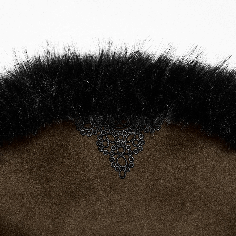 Close-up of luxurious black fur collar with intricate detailing on a gothic woolen coat.