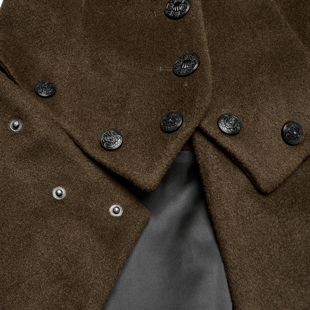 Close-up of a gothic detachable wool coat showcasing intricate buttons and detailed fabric texture.