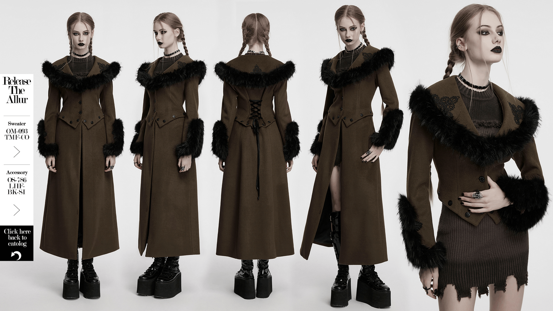 Gothic detachable two-piece woolen coat with luxurious fur collar and vintage details, styled with U-shaped cuffs.