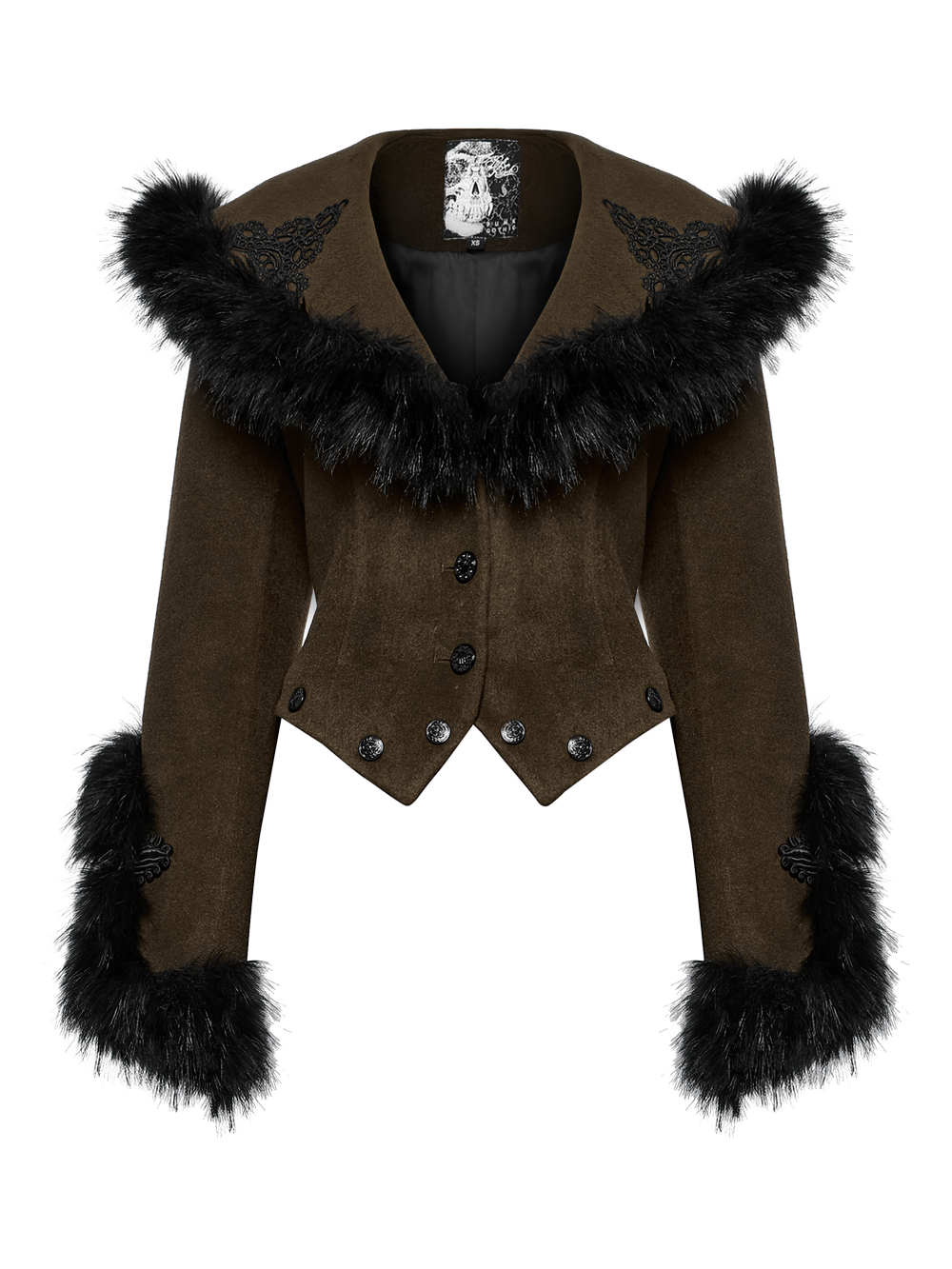 Stylish gothic detachable wool coat featuring a luxurious fur collar and ornate cuffs, perfect for vintage-inspired looks.