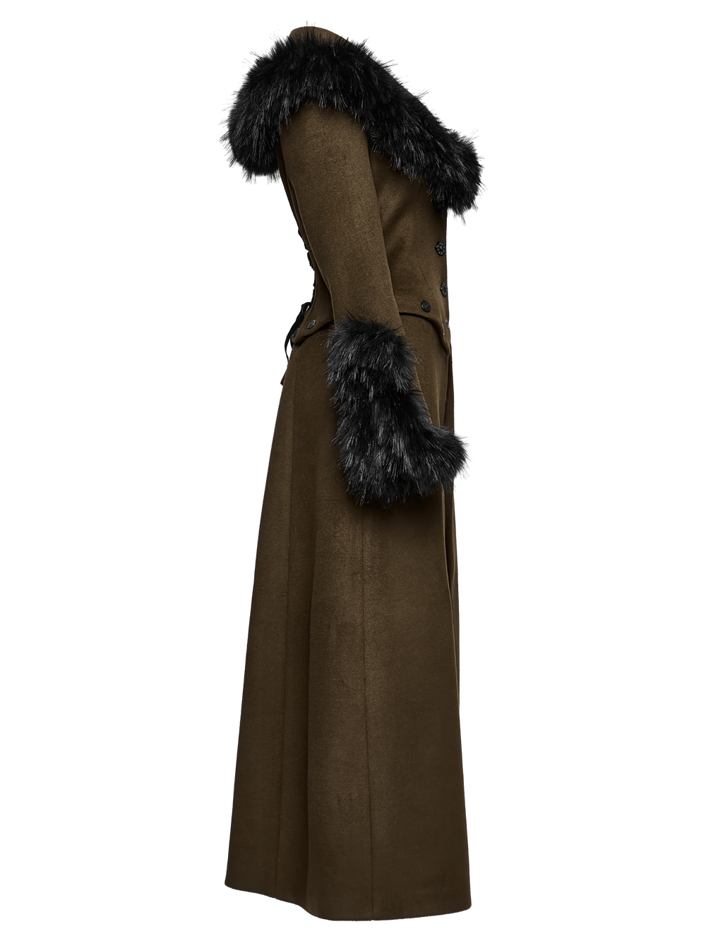 Gothic two-piece woolen coat with luxurious fur collar and vintage U-shaped cuffs.