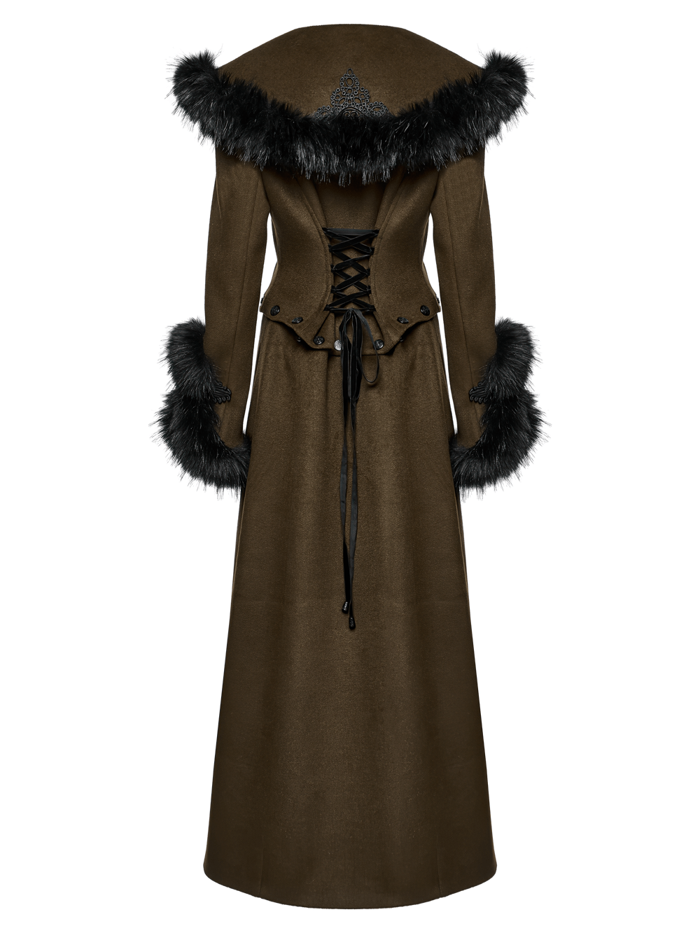 Gothic detachable two-piece woolen coat with fur collar and lace-up waist detail, showcasing a vintage style.
