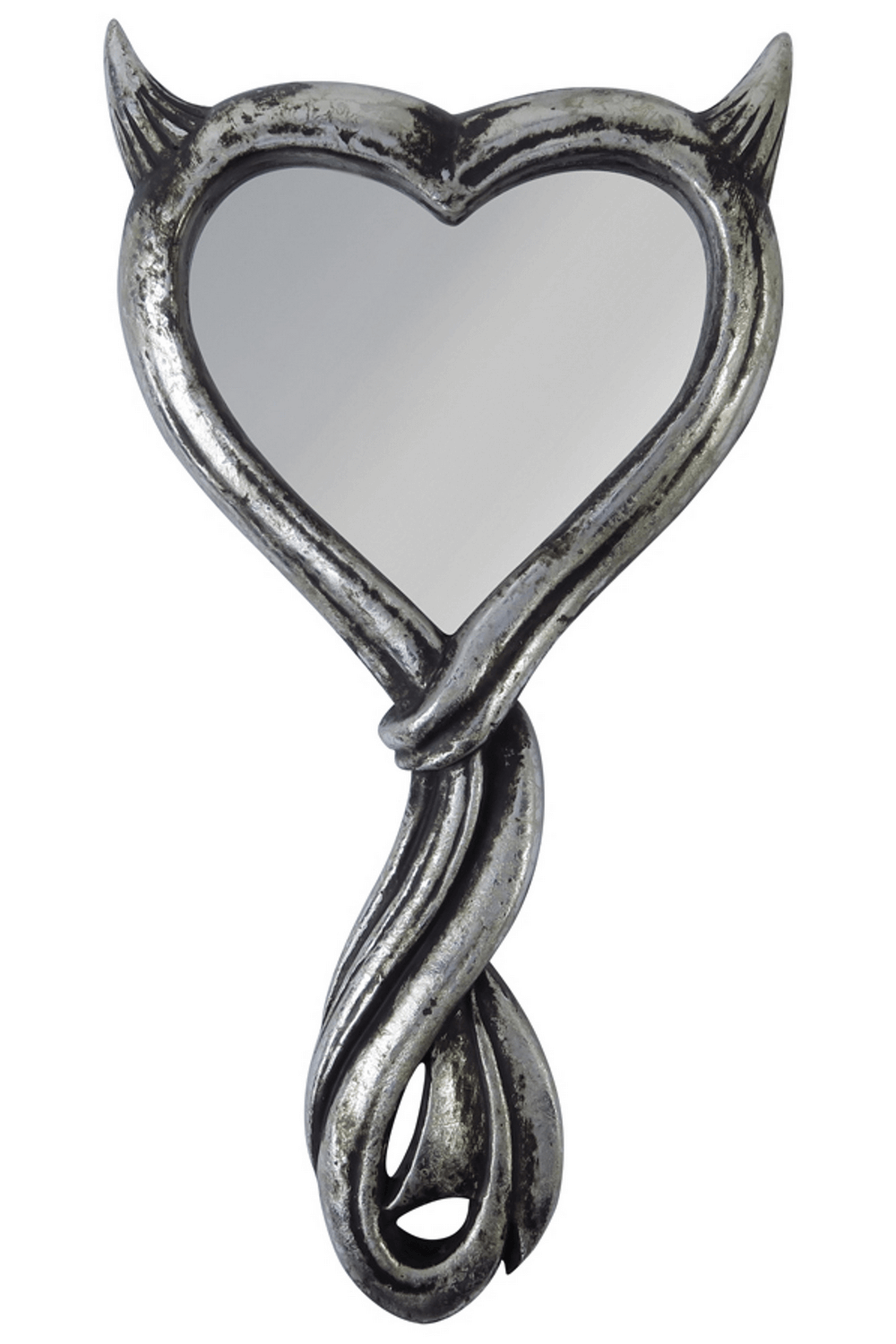 Gothic devil heart hand mirror with horned vintage frame for alternative decor.