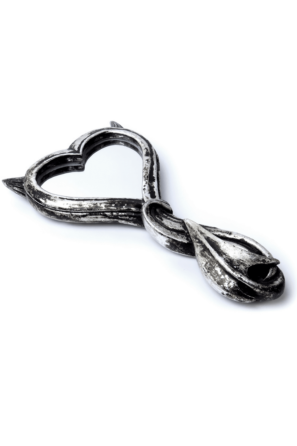 Gothic devil heart hand mirror with horned frame in vintage silver finish, perfect for alternative decor.