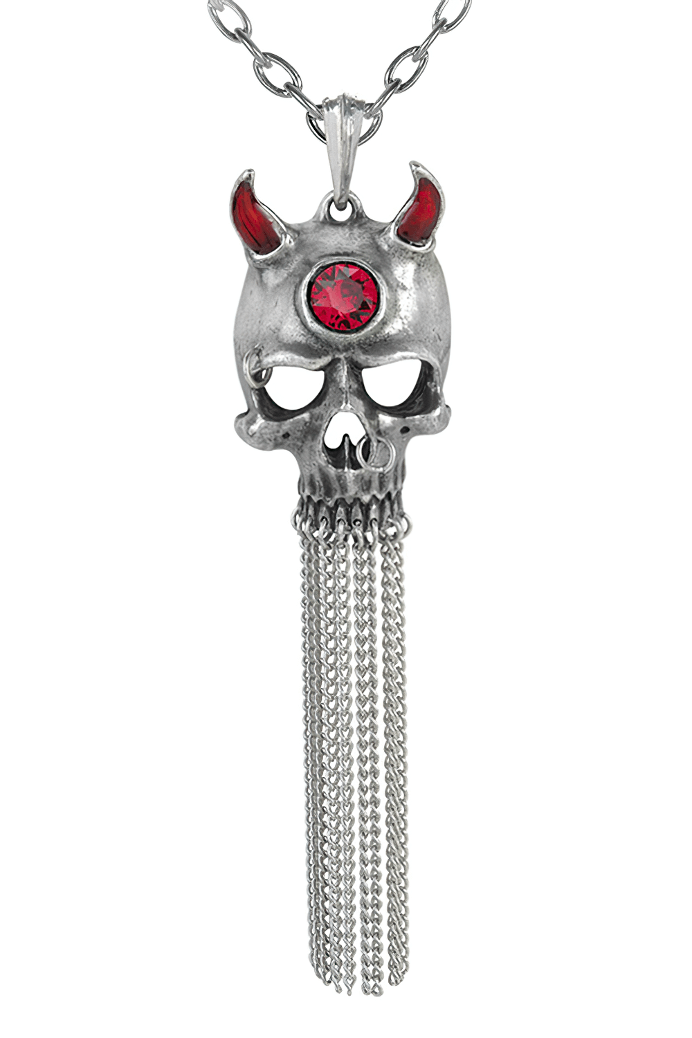 Gothic Devil Skull Pendant with Chains and Red Crystal featuring a 3D pewter skull and red Swarovski crystal.