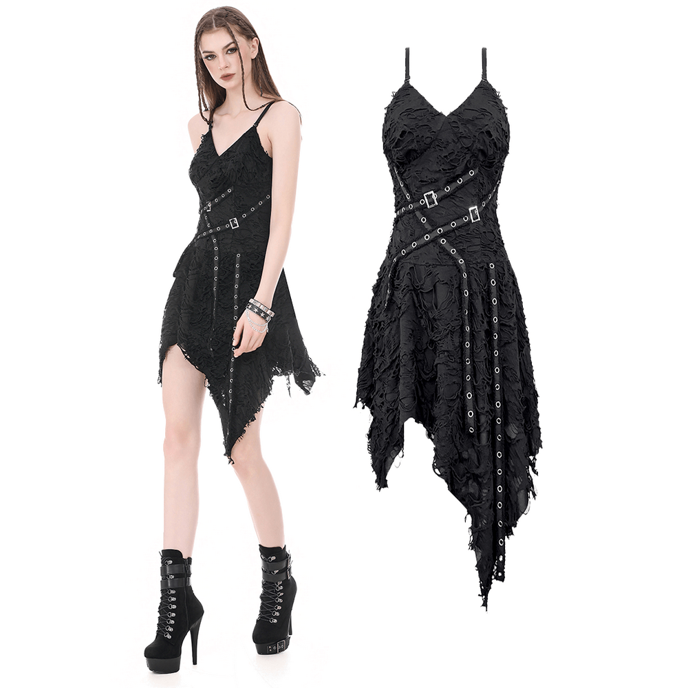 Gotisches asymmetrisches Kleid mit doppelten Schnallenriemen im Used-Look