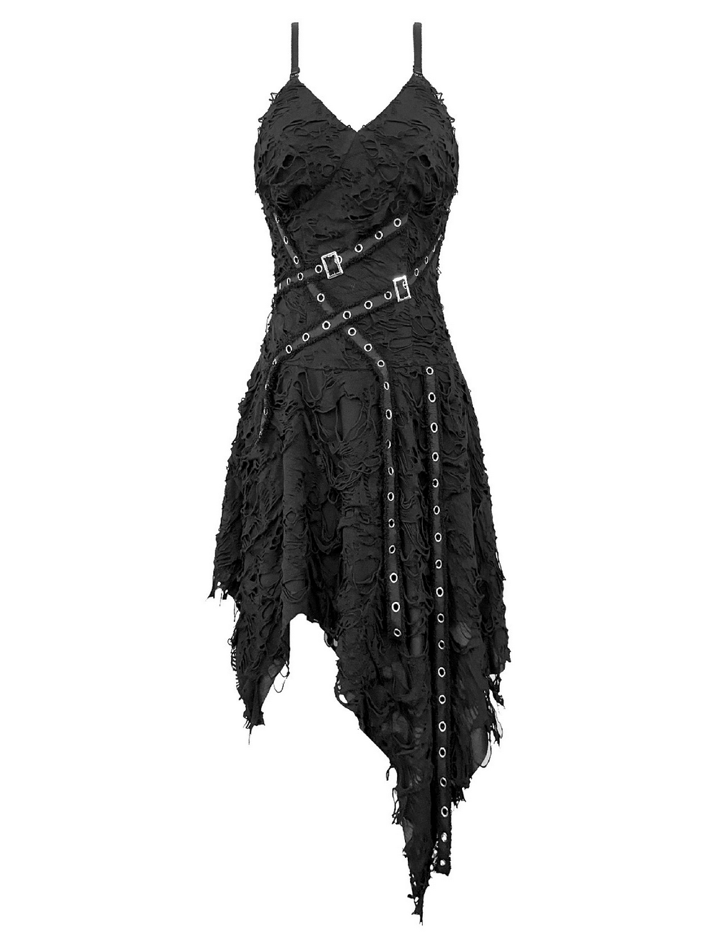 Gotisches asymmetrisches Kleid mit doppelten Schnallenriemen im Used-Look