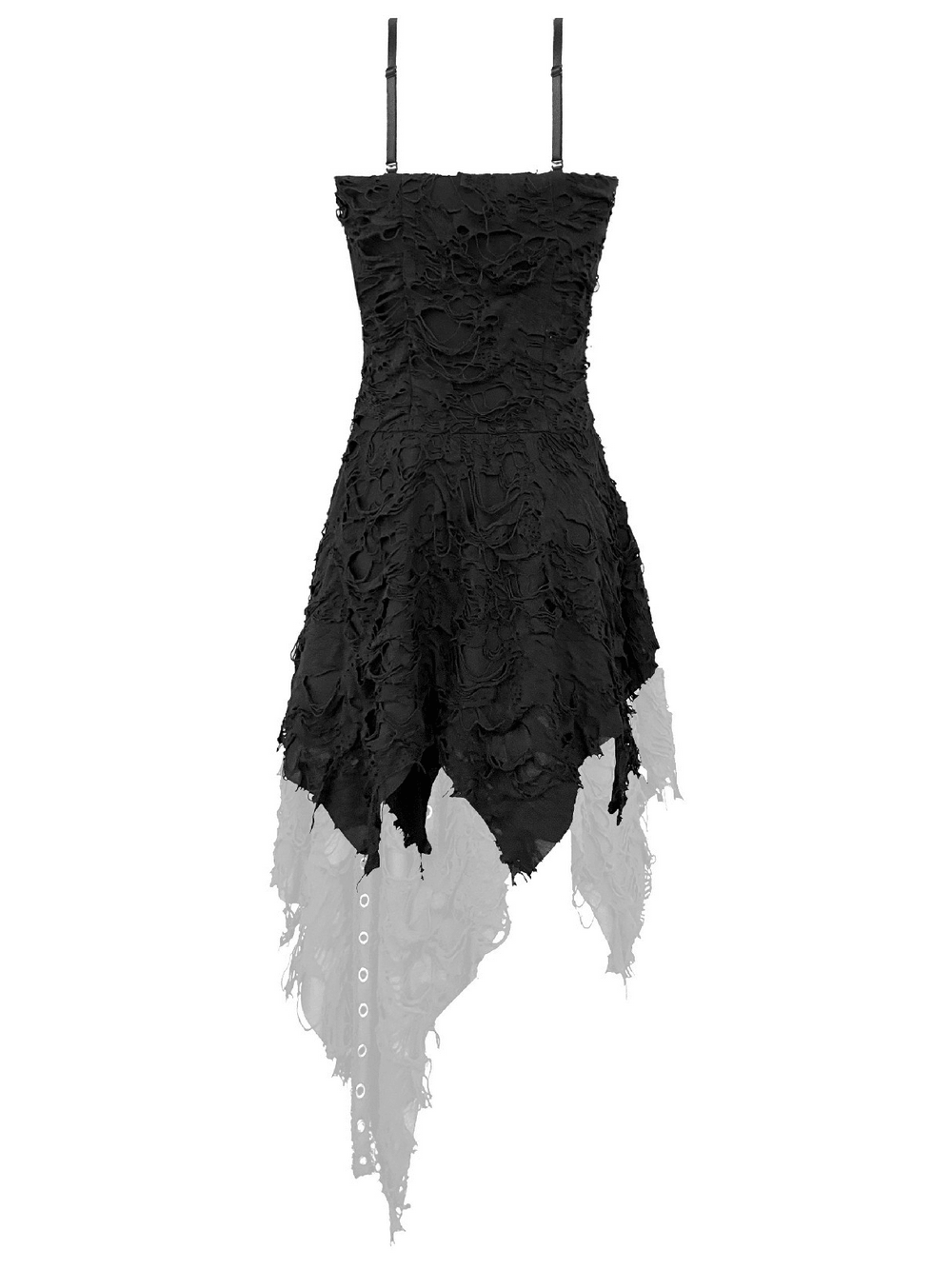 Gotisches asymmetrisches Kleid mit doppelten Schnallenriemen im Used-Look