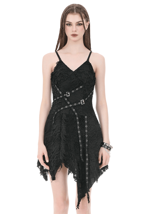 Vestido gótico asimétrico desgastado con tirantes de doble hebilla