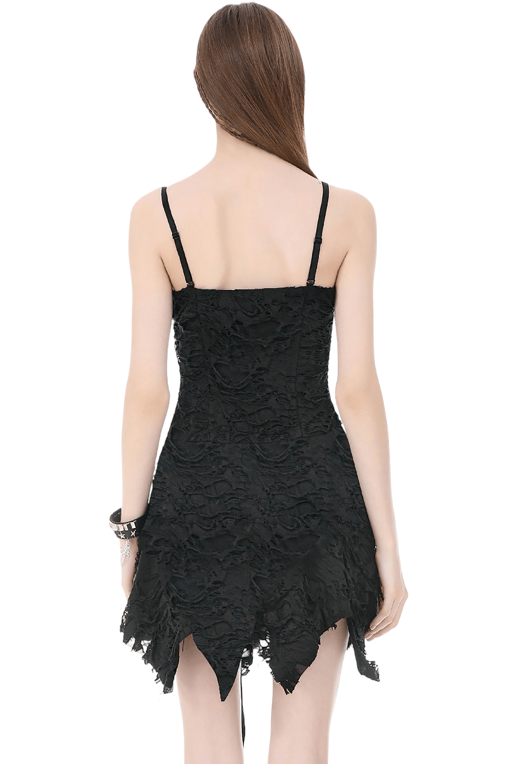 Gotisches asymmetrisches Kleid mit doppelten Schnallenriemen im Used-Look