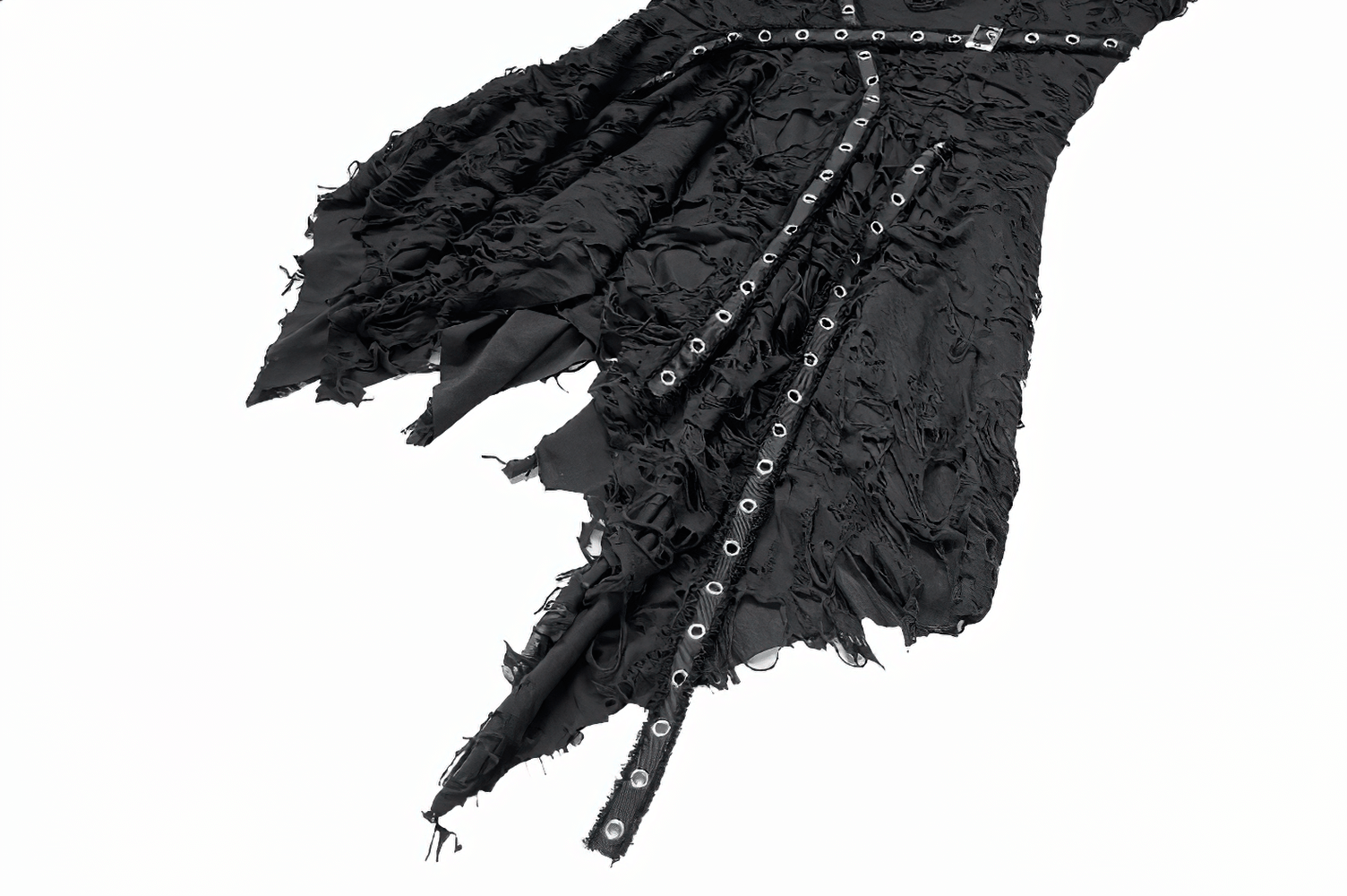 Gotisches asymmetrisches Kleid mit doppelten Schnallenriemen im Used-Look
