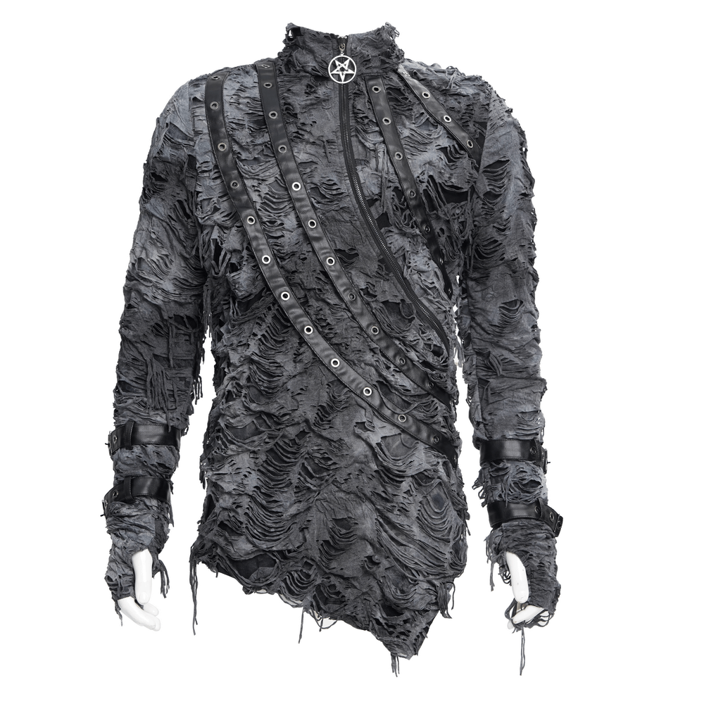 Gothic distressed long-sleeved sweatshirt with zippers and straps in dark gray, featuring a unique ripped design.