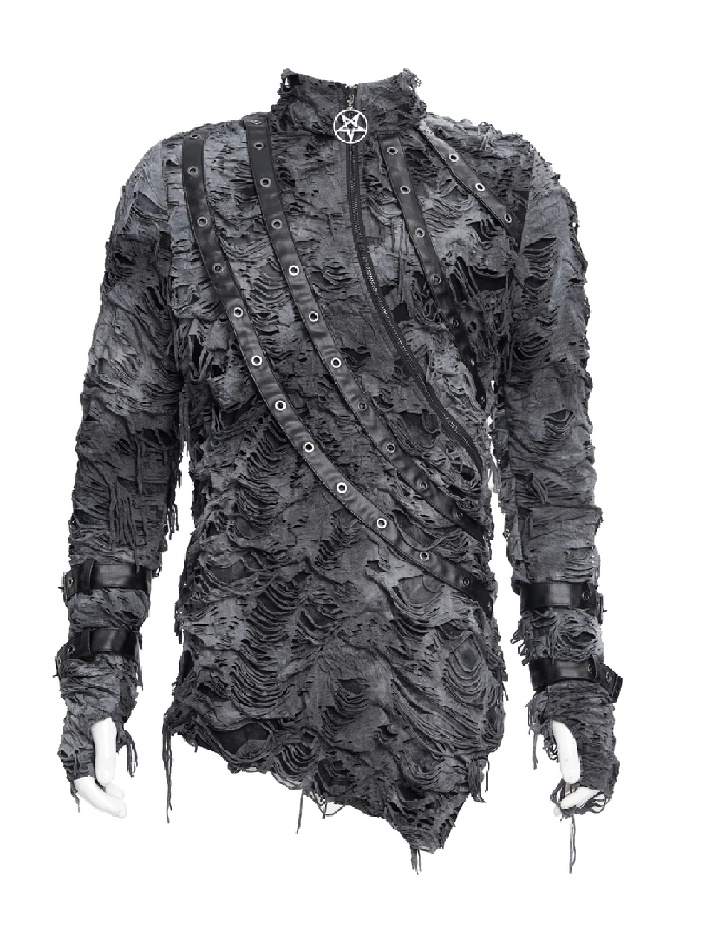 Gothic distressed long-sleeved sweatshirt with zippers and straps in dark gray, featuring a unique ripped design.