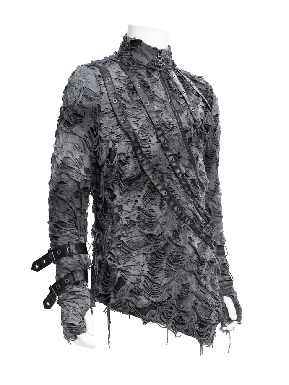 Gothic distressed long-sleeved sweatshirt with zippers and straps, featuring a dark ripped design for edgy streetwear style.