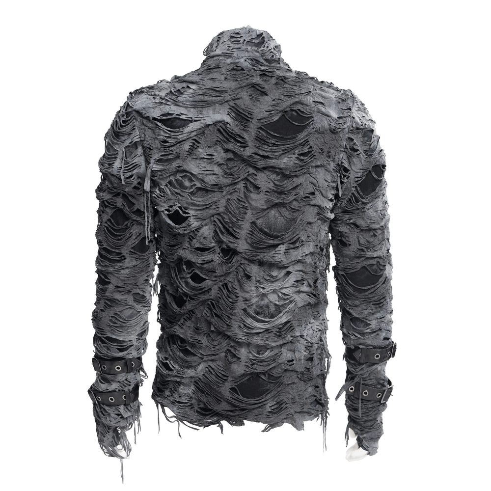 Gothic distressed long-sleeved sweatshirt with zippers showcasing a unique ripped back design in dark colors.