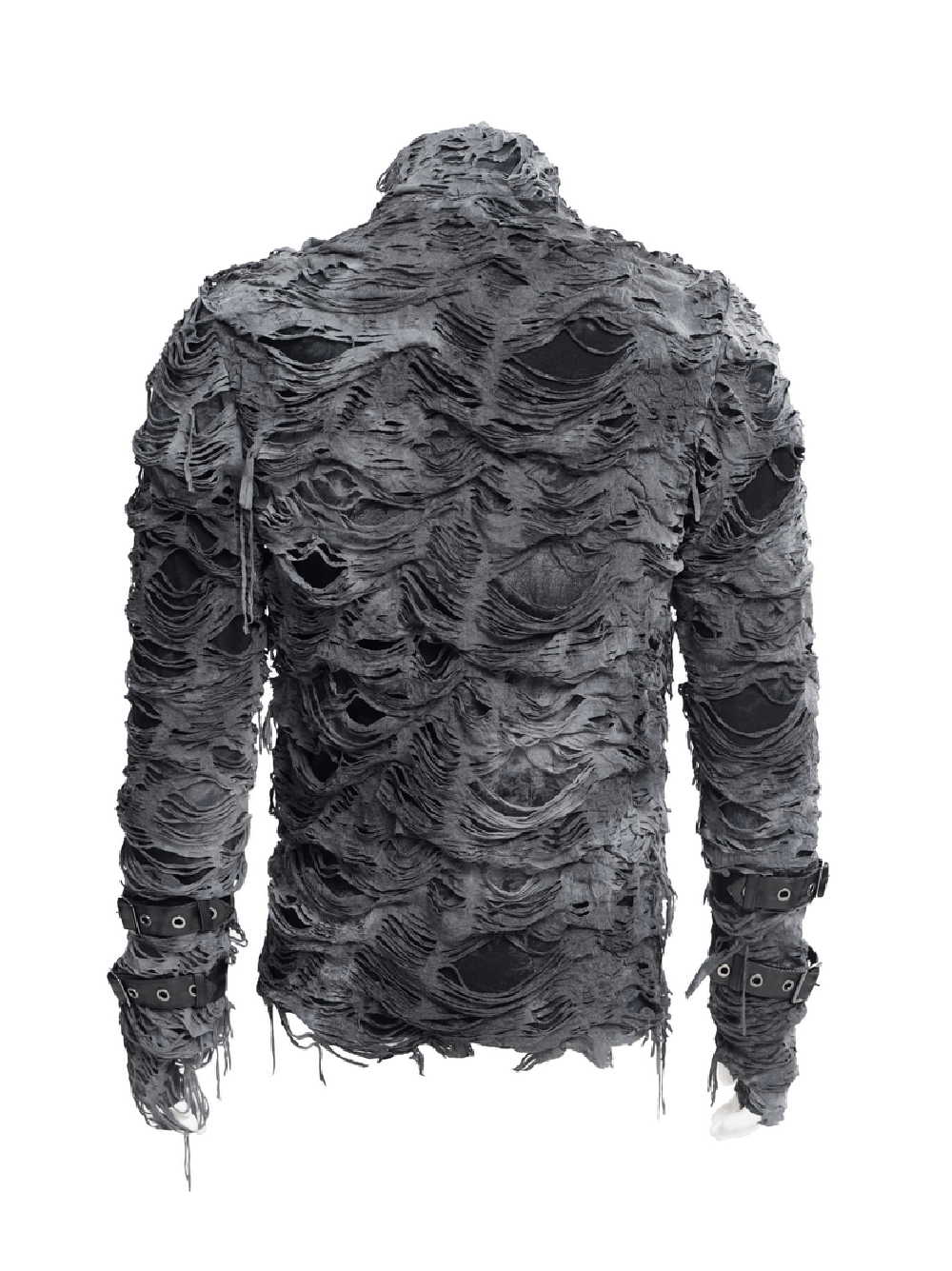 Gothic distressed long-sleeved sweatshirt with zippers showcasing a unique ripped back design in dark colors.